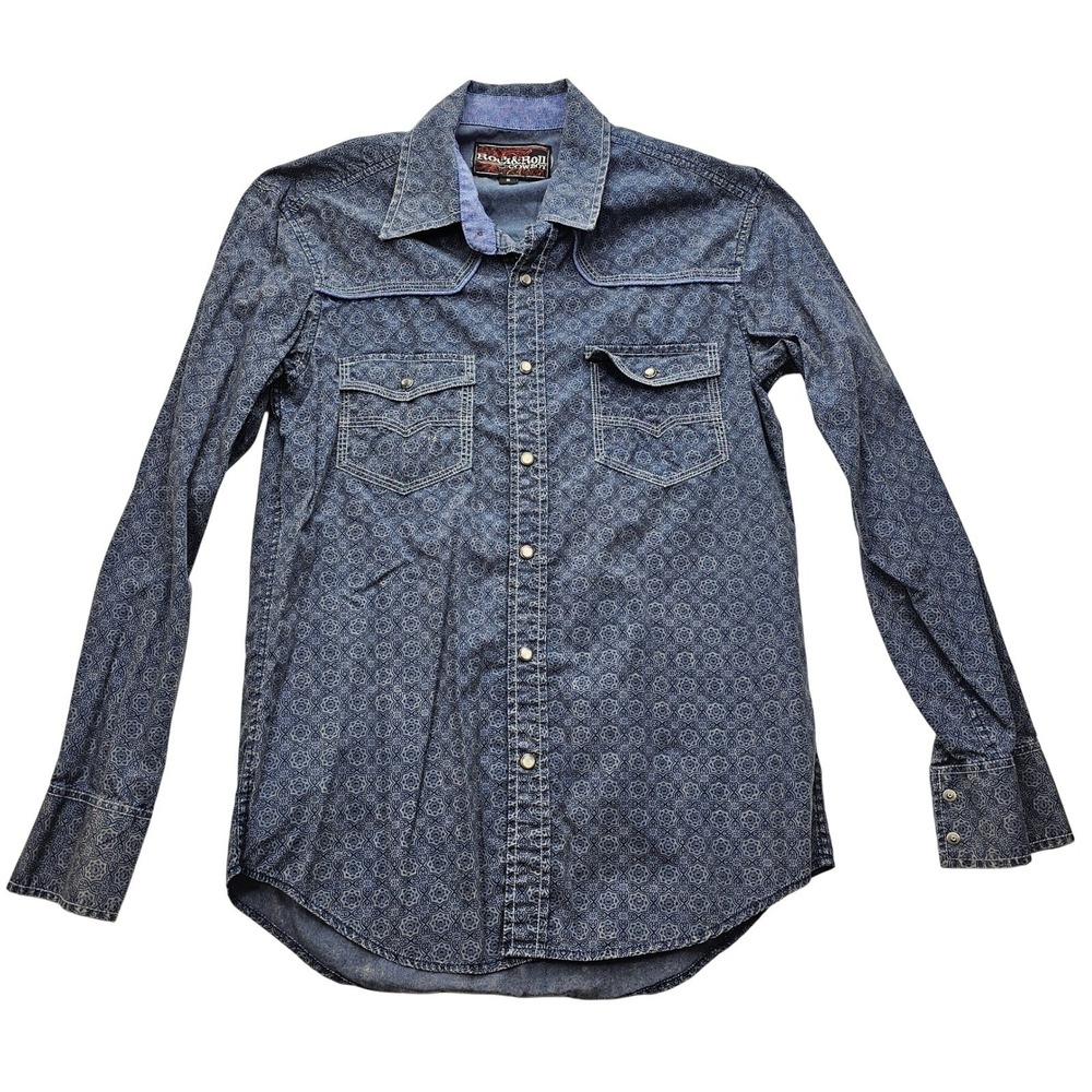 Rock and Roll Cowboy Mens Blue Geometric Medallion Western Pearl Snap Shirt S